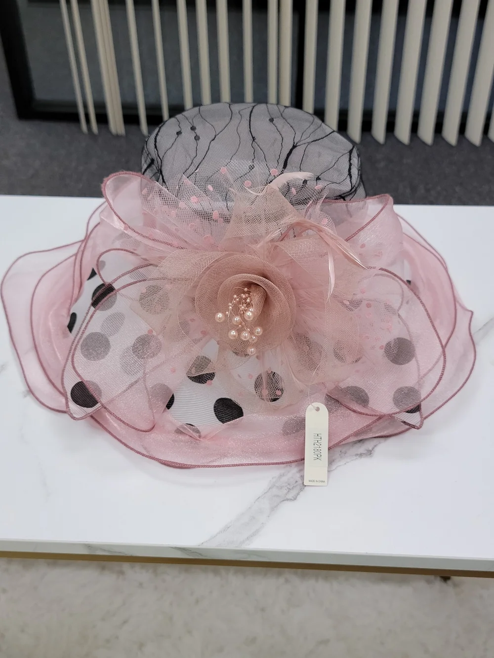 Elegant Pink Polka Dot Floral Derby Hat